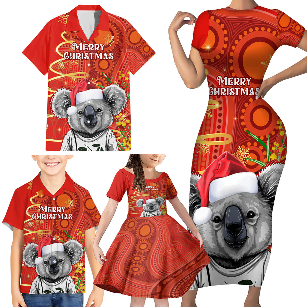 personalised-australia-koala-christmas-family-matching-short-sleeve-bodycon-dress-and-hawaiian-shirt-aboriginal-art-with-golden-wattle