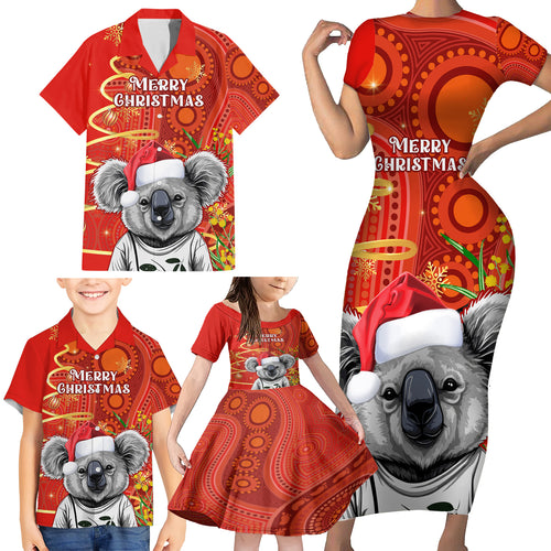 personalised-australia-koala-christmas-family-matching-short-sleeve-bodycon-dress-and-hawaiian-shirt-aboriginal-art-with-golden-wattle