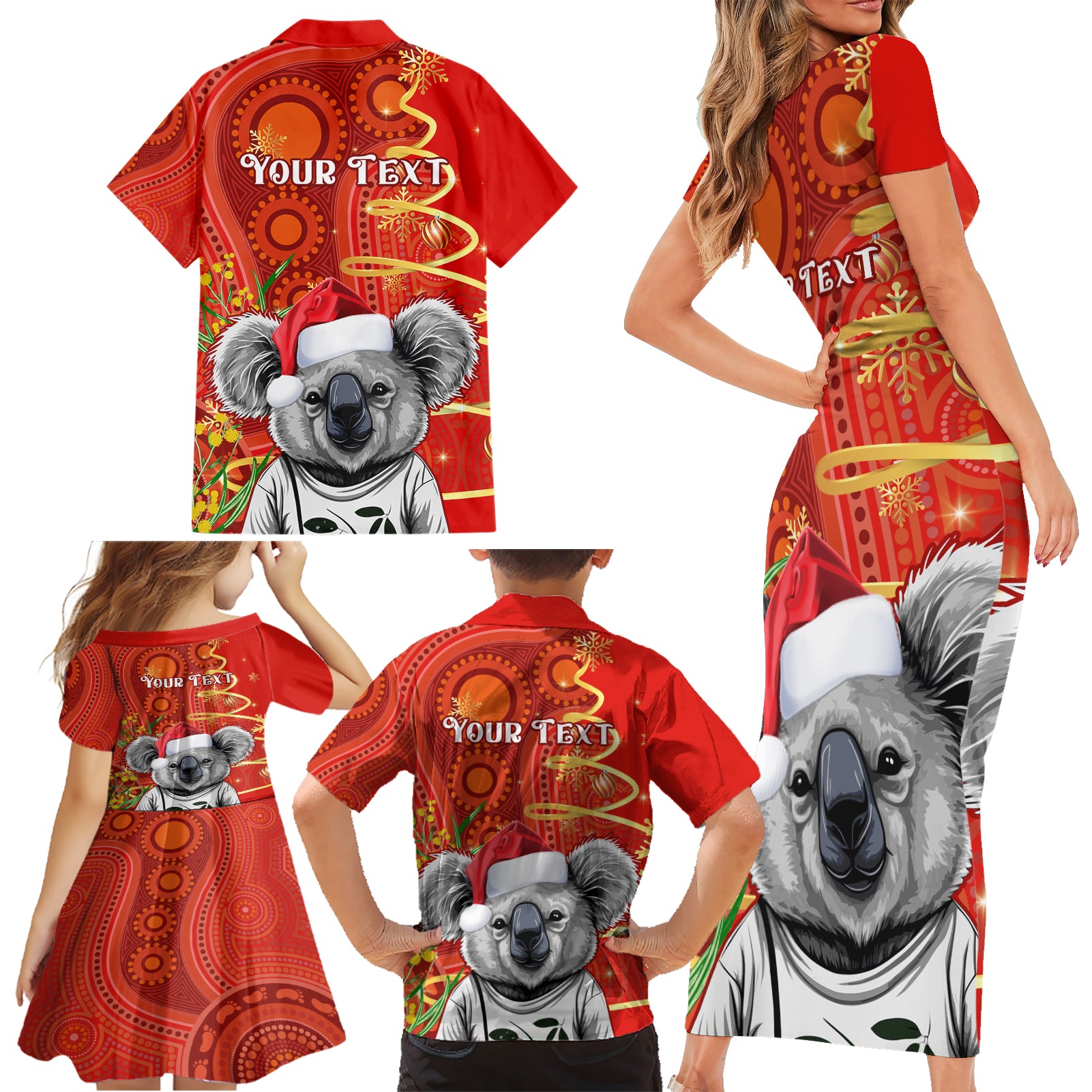 personalised-australia-koala-christmas-family-matching-short-sleeve-bodycon-dress-and-hawaiian-shirt-aboriginal-art-with-golden-wattle