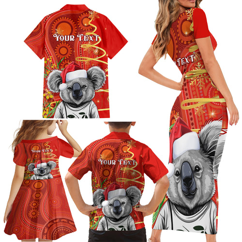 personalised-australia-koala-christmas-family-matching-short-sleeve-bodycon-dress-and-hawaiian-shirt-aboriginal-art-with-golden-wattle
