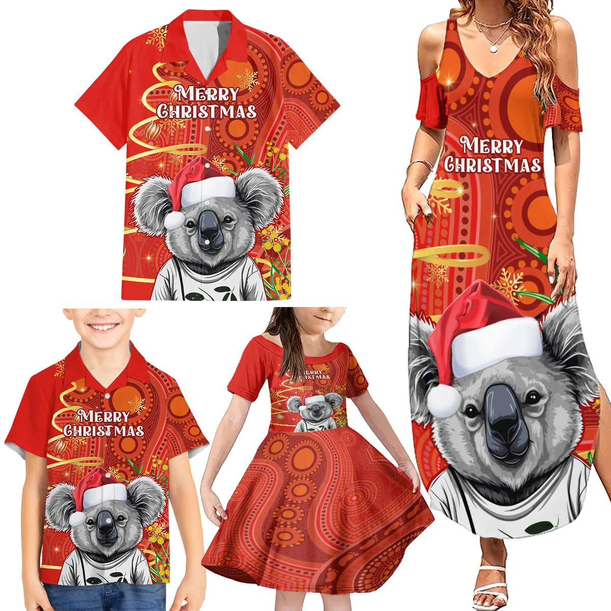 personalised-australia-koala-christmas-family-matching-summer-maxi-dress-and-hawaiian-shirt-aboriginal-art-with-golden-wattle