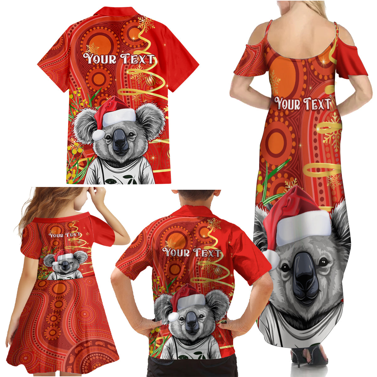 personalised-australia-koala-christmas-family-matching-summer-maxi-dress-and-hawaiian-shirt-aboriginal-art-with-golden-wattle
