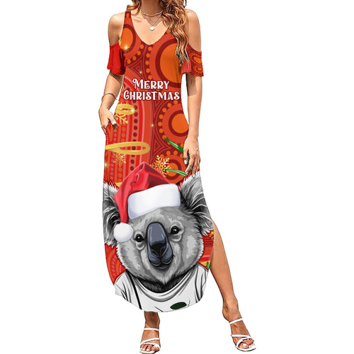 personalised-australia-koala-christmas-family-matching-summer-maxi-dress-and-hawaiian-shirt-aboriginal-art-with-golden-wattle