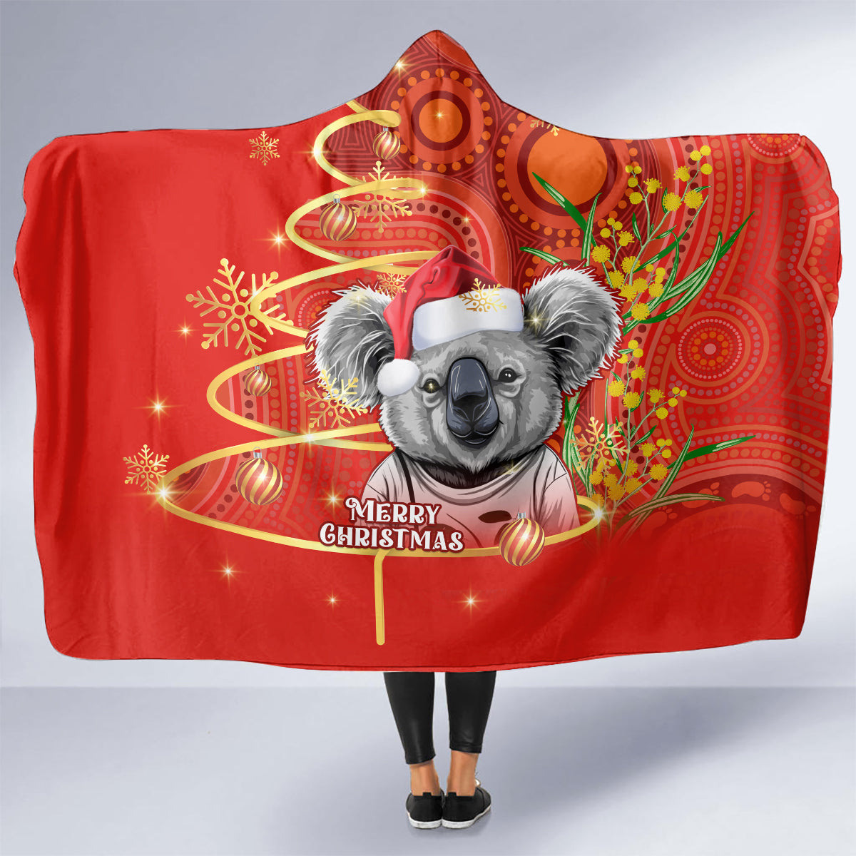 personalised-australia-koala-christmas-hooded-blanket-aboriginal-art-with-golden-wattle
