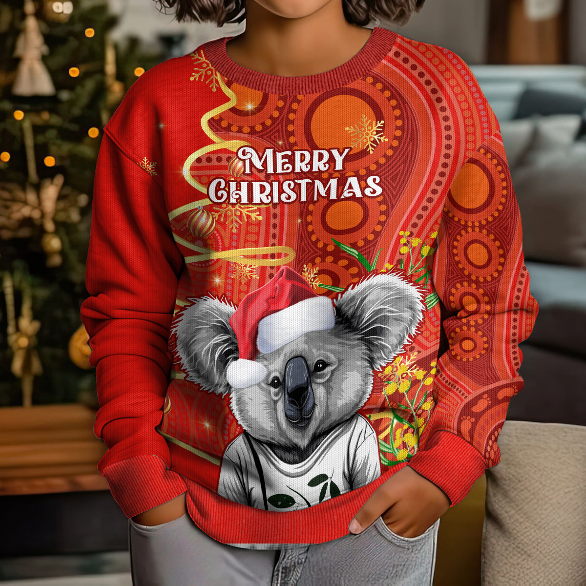 personalised-australia-koala-christmas-kid-ugly-christmas-sweater-aboriginal-art-with-golden-wattle