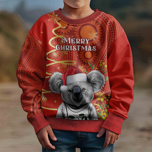 personalised-australia-koala-christmas-kid-ugly-christmas-sweater-aboriginal-art-with-golden-wattle
