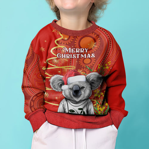 personalised-australia-koala-christmas-kid-ugly-christmas-sweater-aboriginal-art-with-golden-wattle