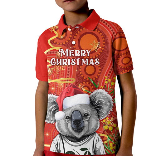 personalised-australia-koala-christmas-kid-polo-shirt-aboriginal-art-with-golden-wattle
