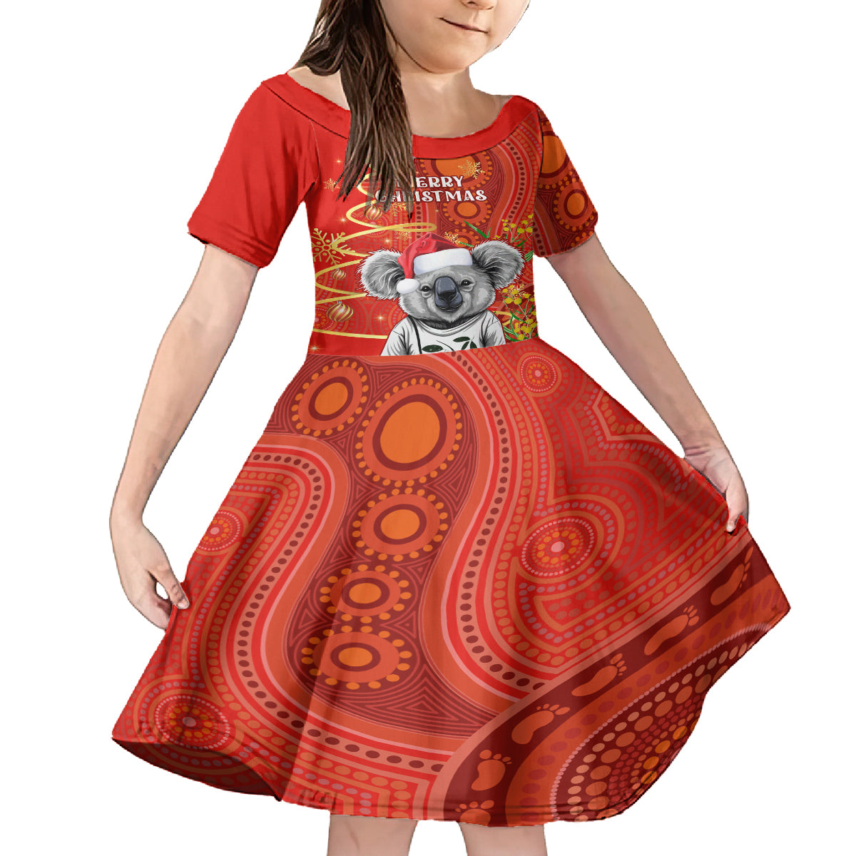 personalised-australia-koala-christmas-kid-short-sleeve-dress-aboriginal-art-with-golden-wattle