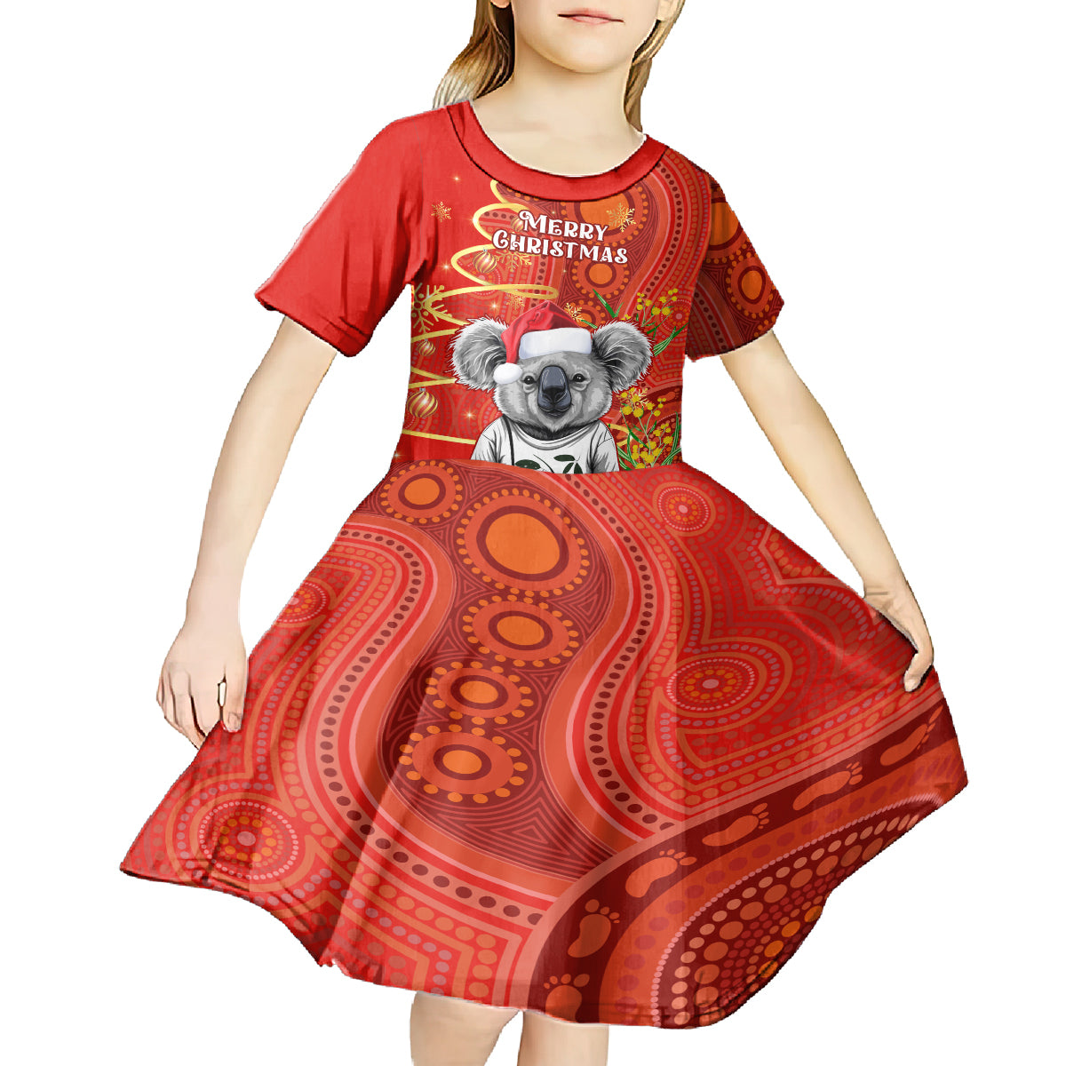 personalised-australia-koala-christmas-kid-short-sleeve-dress-aboriginal-art-with-golden-wattle