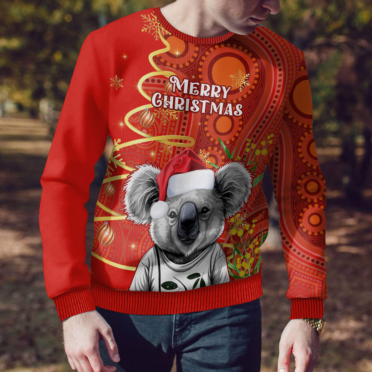 personalised-australia-koala-christmas-ugly-christmas-sweater-aboriginal-art-with-golden-wattle