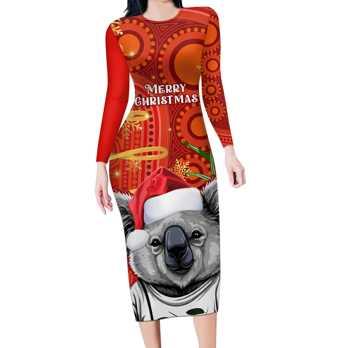 personalised-australia-koala-christmas-long-sleeve-bodycon-dress-aboriginal-art-with-golden-wattle
