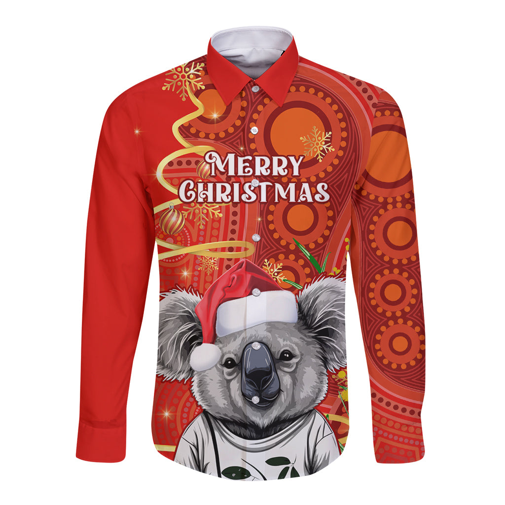 personalised-australia-koala-christmas-long-sleeve-button-shirt-aboriginal-art-with-golden-wattle