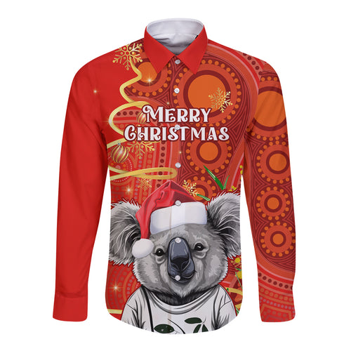 personalised-australia-koala-christmas-long-sleeve-button-shirt-aboriginal-art-with-golden-wattle