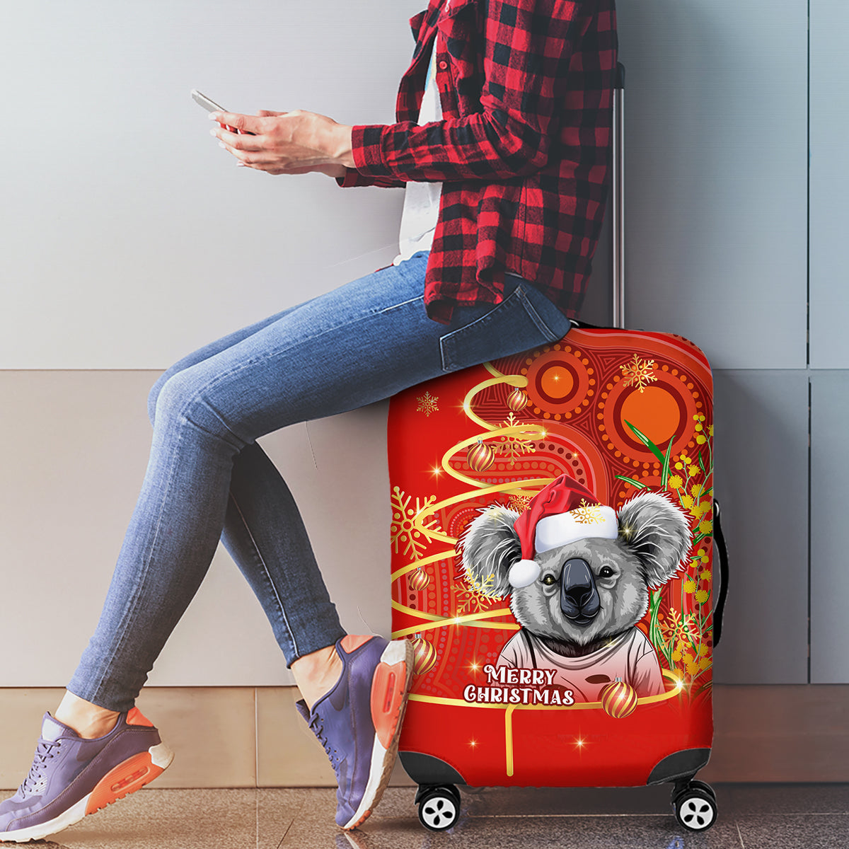 personalised-australia-koala-christmas-luggage-cover-aboriginal-art-with-golden-wattle