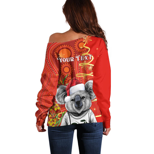 personalised-australia-koala-christmas-off-shoulder-sweater-aboriginal-art-with-golden-wattle