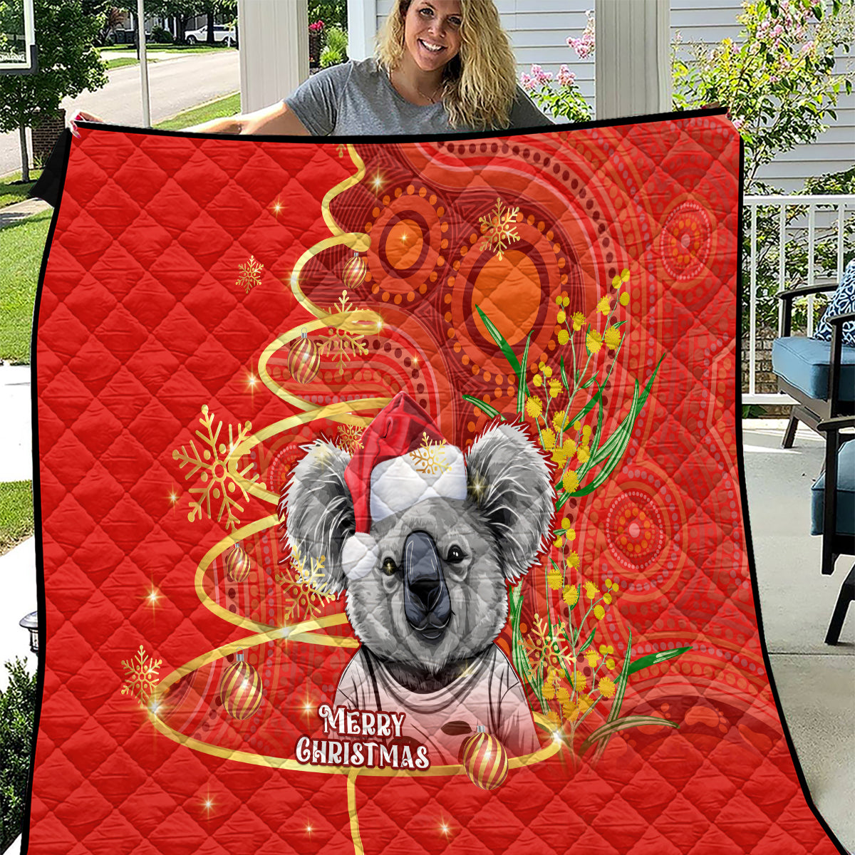 personalised-australia-koala-christmas-quilt-aboriginal-art-with-golden-wattle