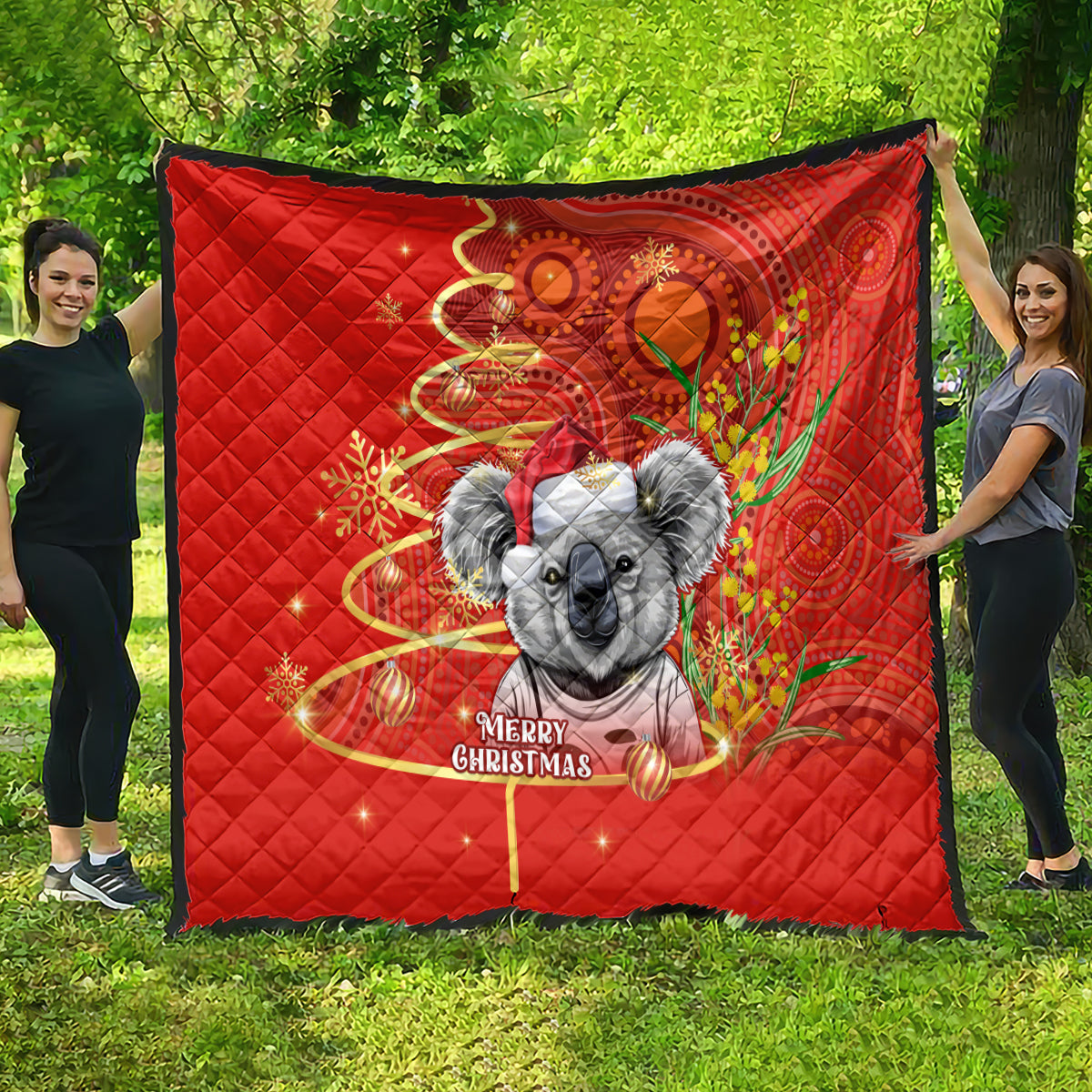 personalised-australia-koala-christmas-quilt-aboriginal-art-with-golden-wattle