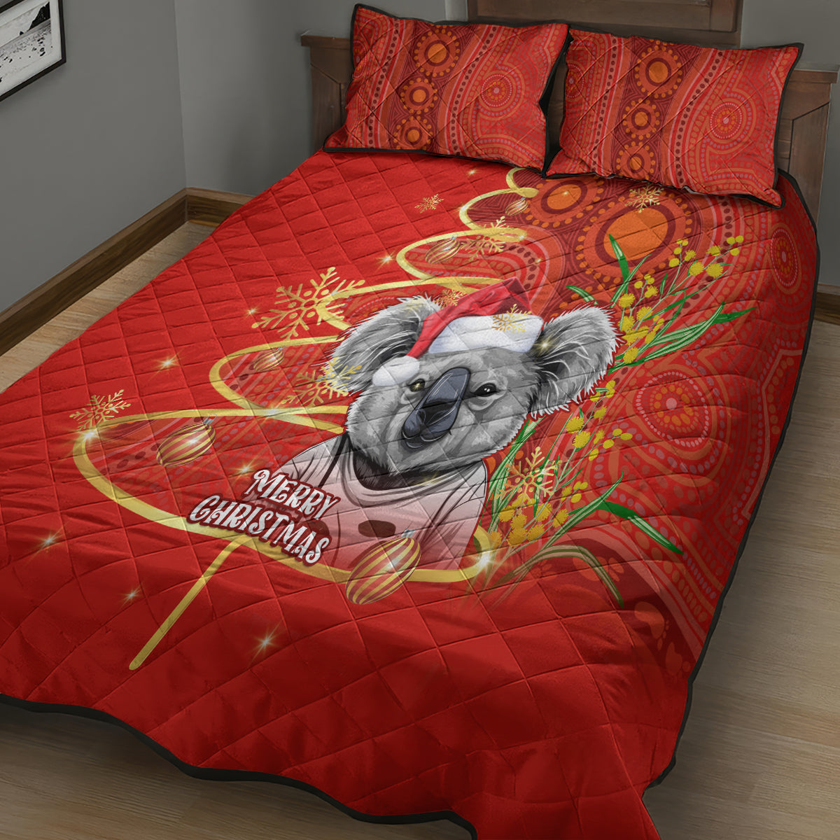 personalised-australia-koala-christmas-quilt-bed-set-aboriginal-art-with-golden-wattle