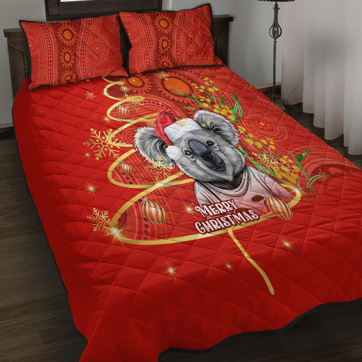 personalised-australia-koala-christmas-quilt-bed-set-aboriginal-art-with-golden-wattle