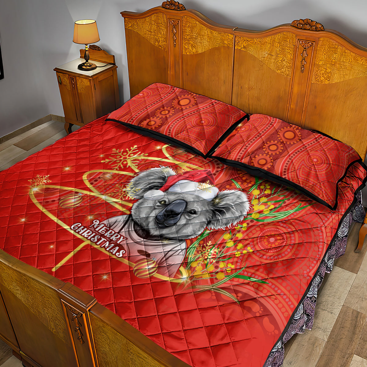 personalised-australia-koala-christmas-quilt-bed-set-aboriginal-art-with-golden-wattle