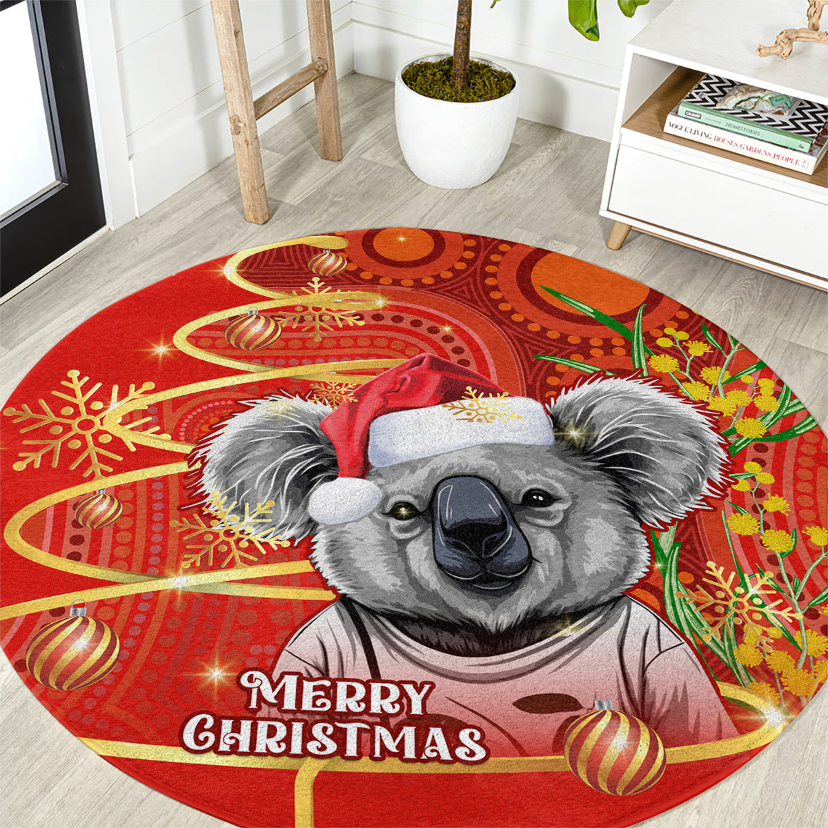 personalised-australia-koala-christmas-round-carpet-aboriginal-art-with-golden-wattle