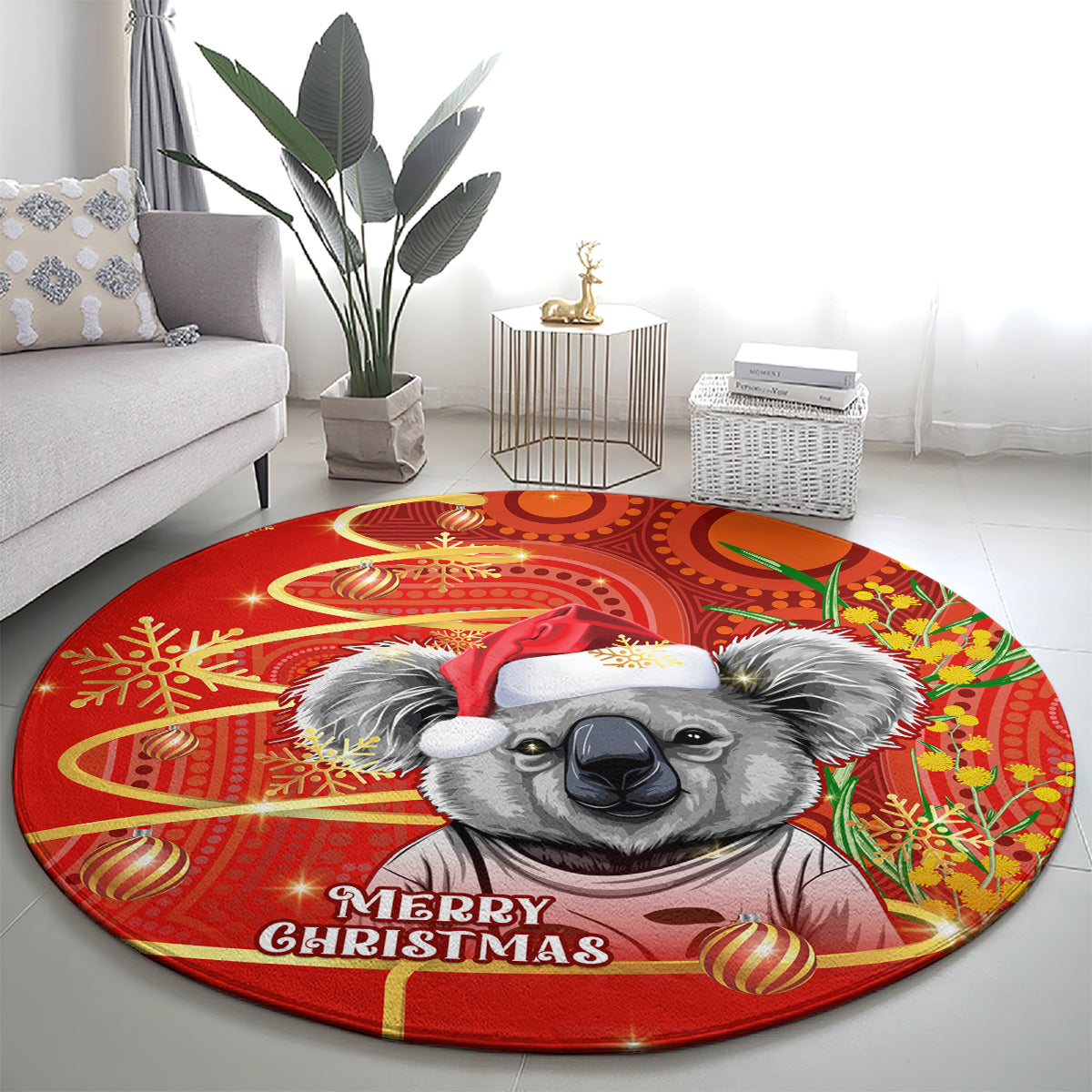 personalised-australia-koala-christmas-round-carpet-aboriginal-art-with-golden-wattle