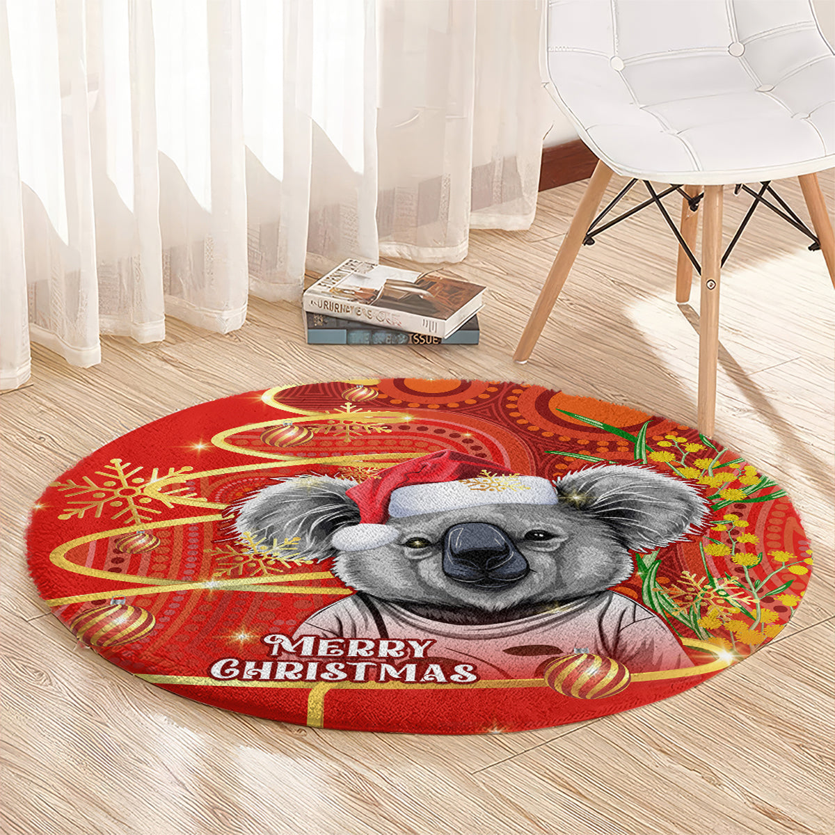 personalised-australia-koala-christmas-round-carpet-aboriginal-art-with-golden-wattle