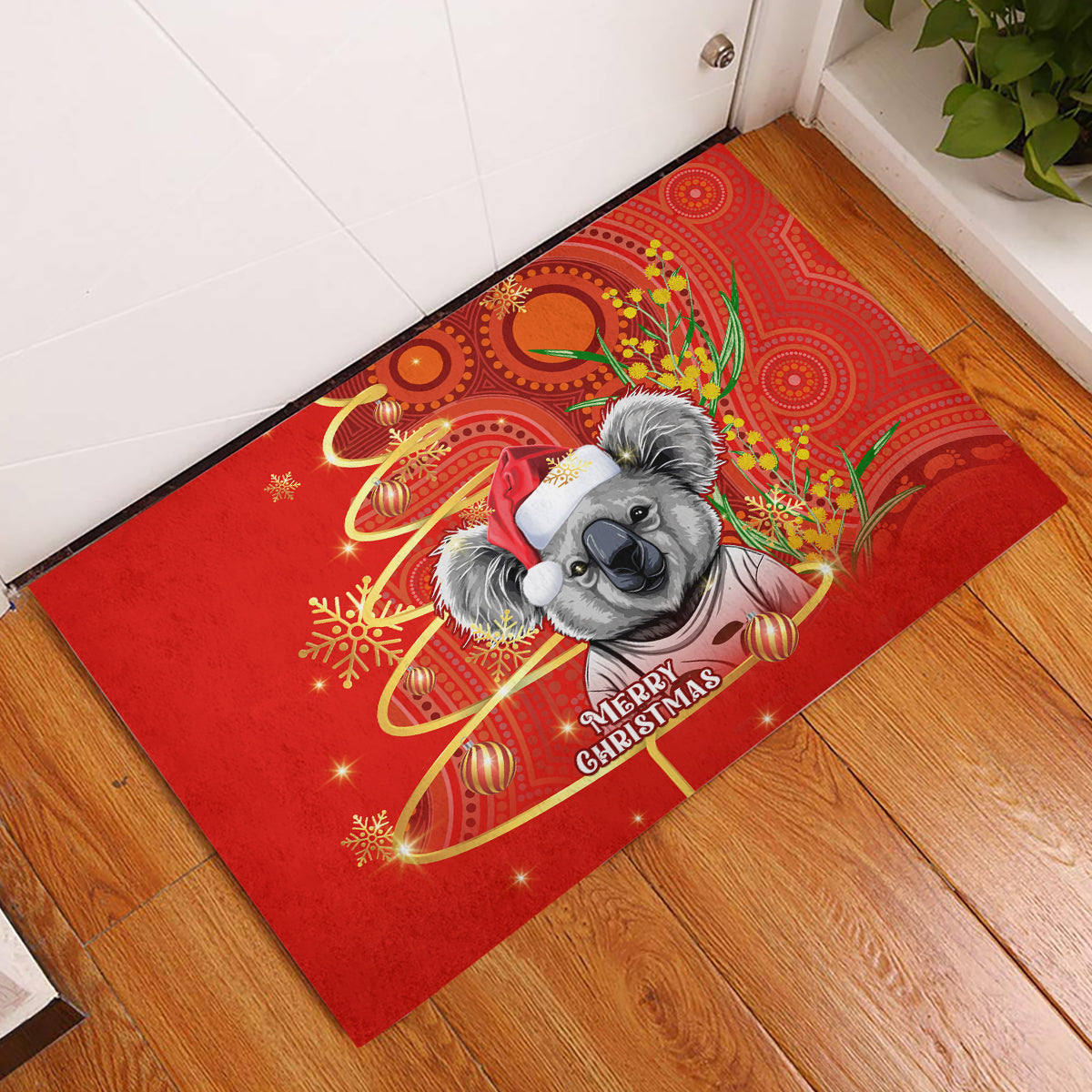 personalised-australia-koala-christmas-rubber-doormat-aboriginal-art-with-golden-wattle