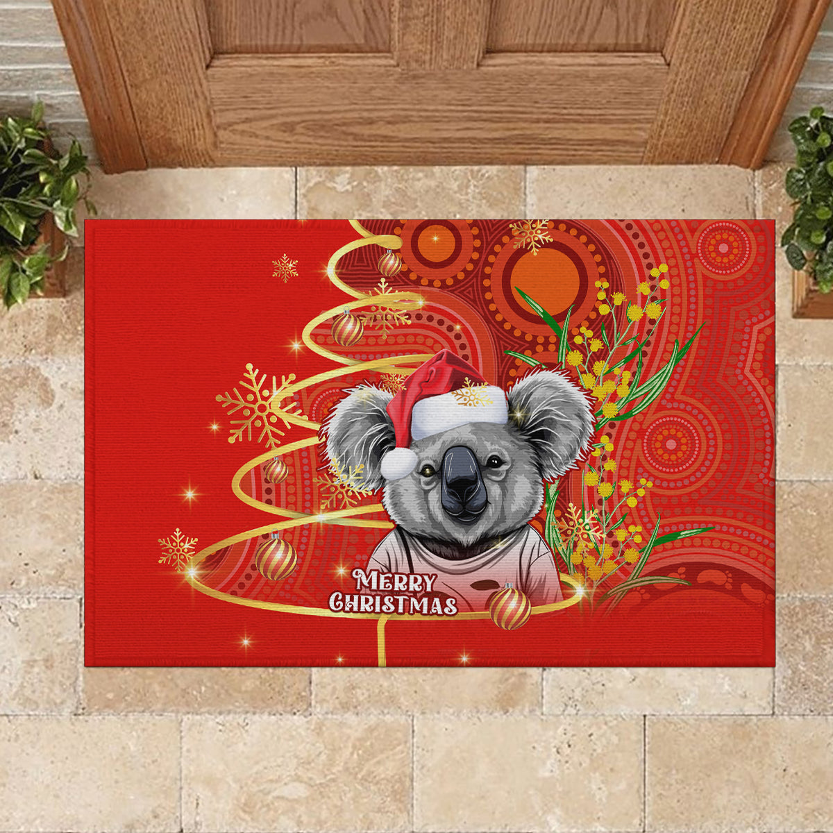 personalised-australia-koala-christmas-rubber-doormat-aboriginal-art-with-golden-wattle