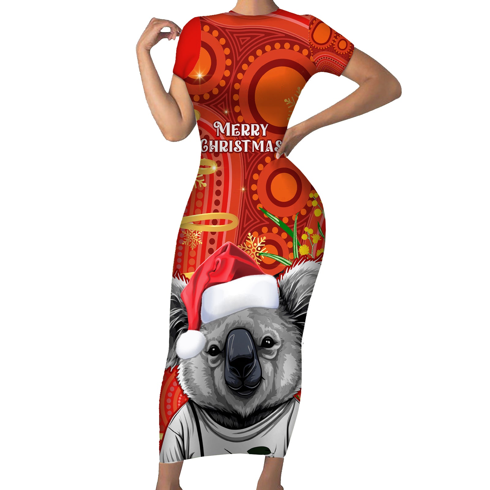 personalised-australia-koala-christmas-short-sleeve-bodycon-dress-aboriginal-art-with-golden-wattle
