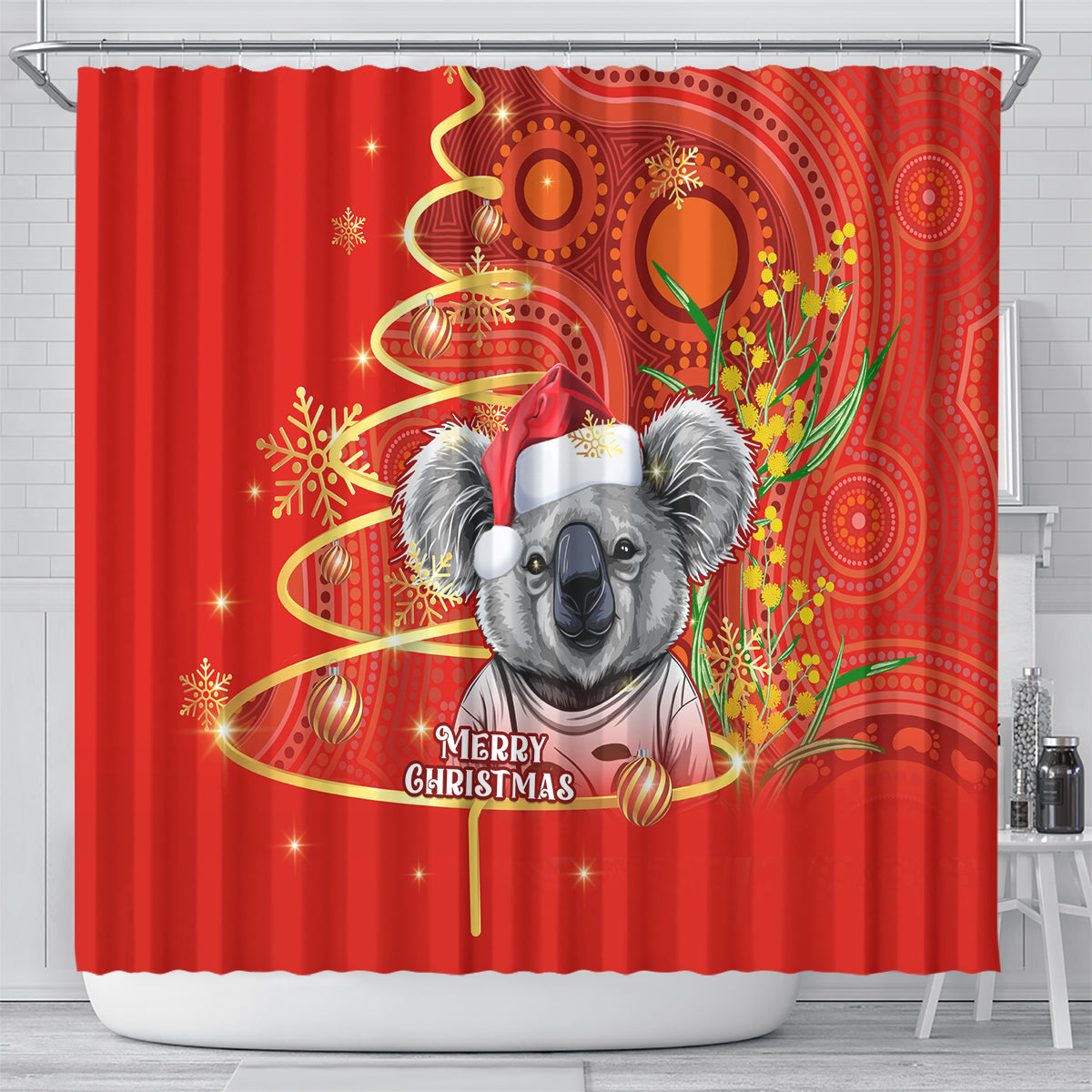 personalised-australia-koala-christmas-shower-curtain-aboriginal-art-with-golden-wattle