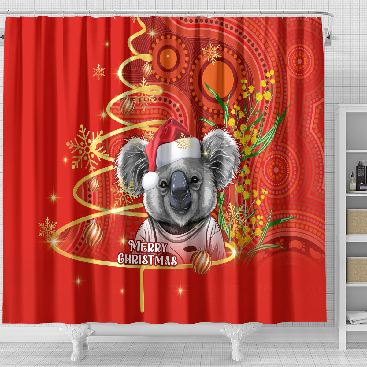 personalised-australia-koala-christmas-shower-curtain-aboriginal-art-with-golden-wattle