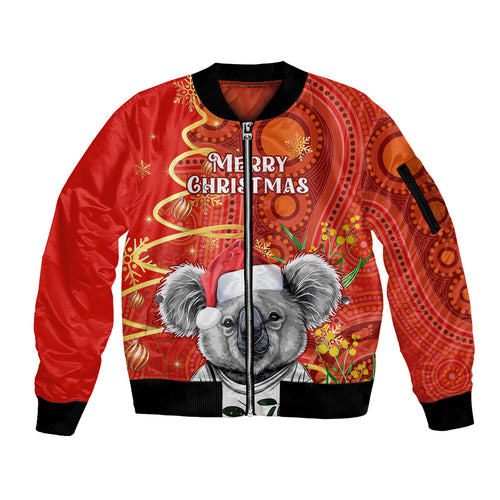 personalised-australia-koala-christmas-sleeve-zip-bomber-jacket-aboriginal-art-with-golden-wattle