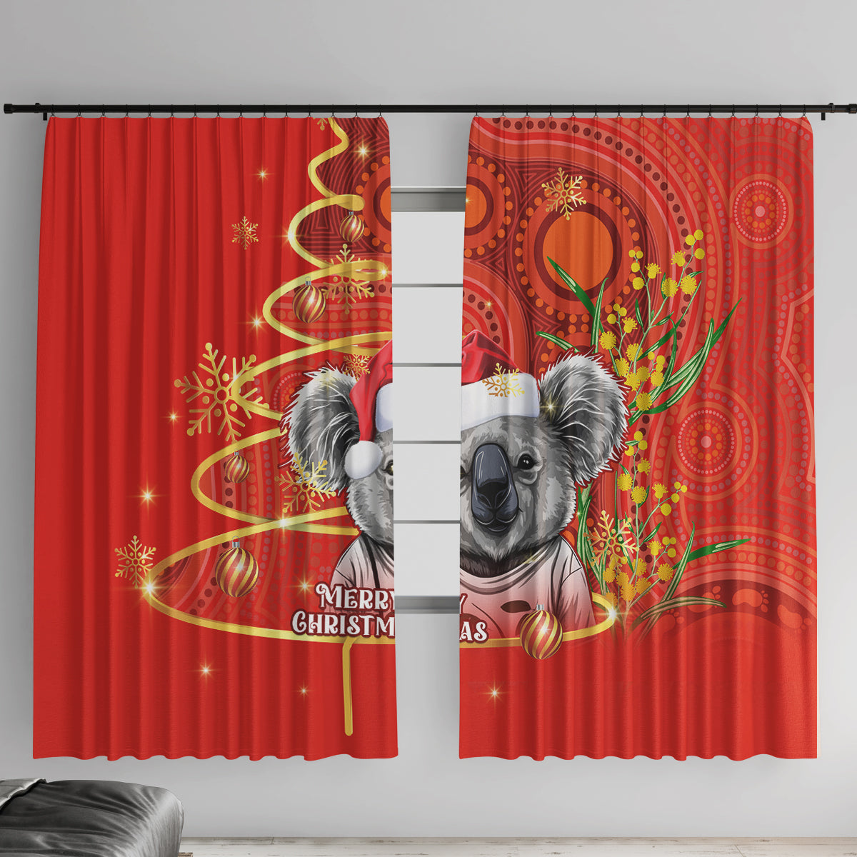 personalised-australia-koala-christmas-window-curtain-aboriginal-art-with-golden-wattle