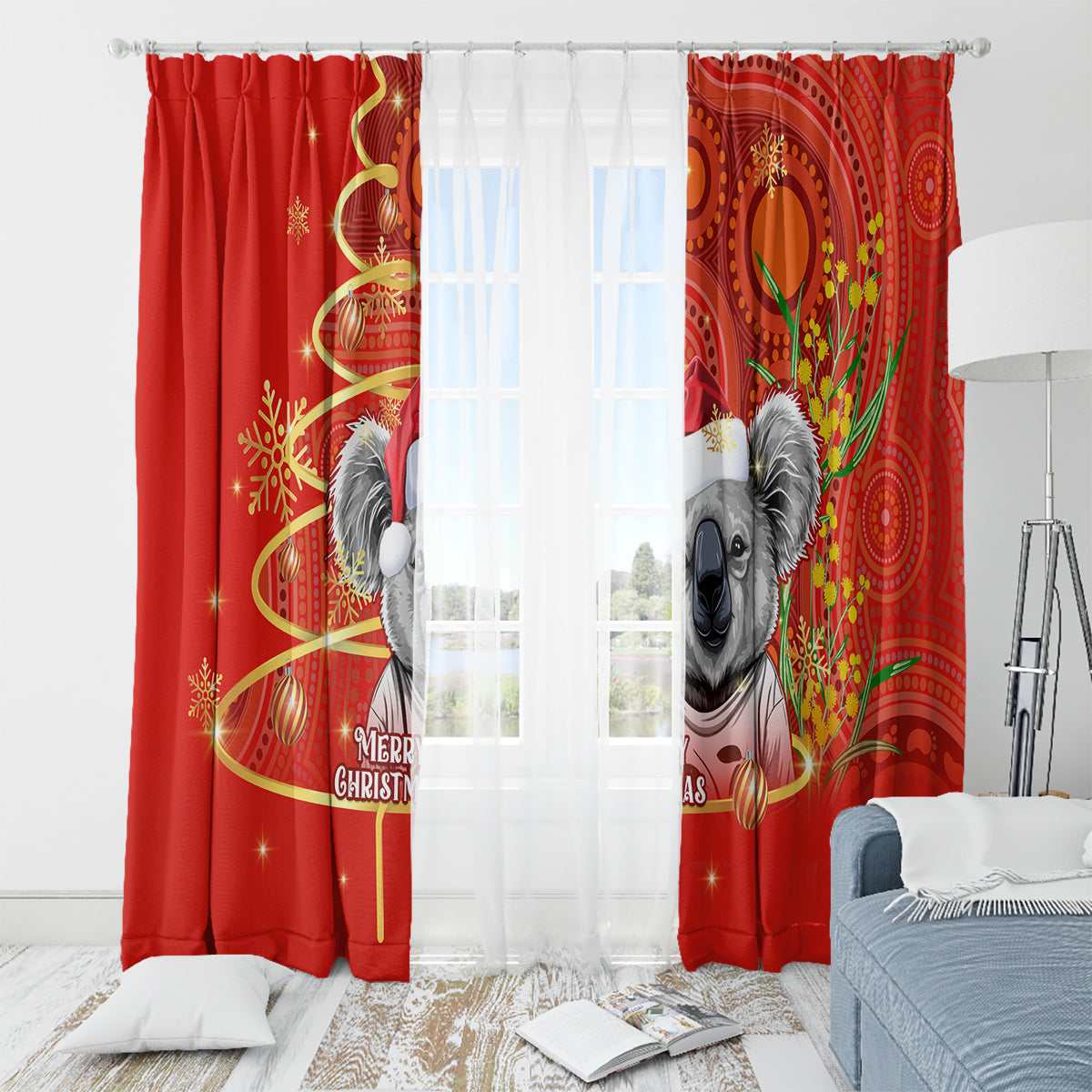 personalised-australia-koala-christmas-window-curtain-aboriginal-art-with-golden-wattle