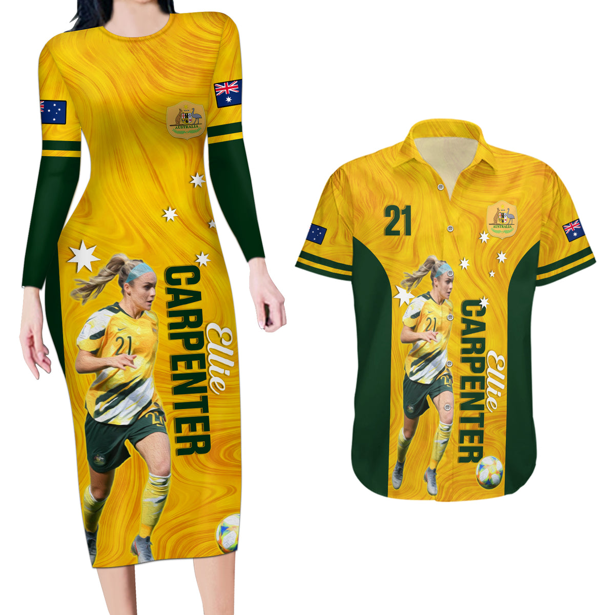 australia-soccer-couples-matching-long-sleeve-bodycon-dress-and-hawaiian-shirt-ellie-carpenter-matildas-gold-version