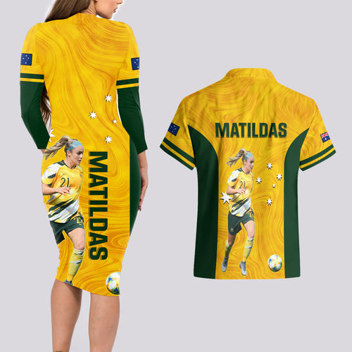 australia-soccer-couples-matching-long-sleeve-bodycon-dress-and-hawaiian-shirt-ellie-carpenter-matildas-gold-version