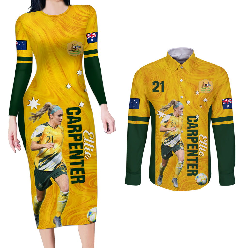 australia-soccer-couples-matching-long-sleeve-bodycon-dress-and-long-sleeve-button-shirt-ellie-carpenter-matildas-gold-version