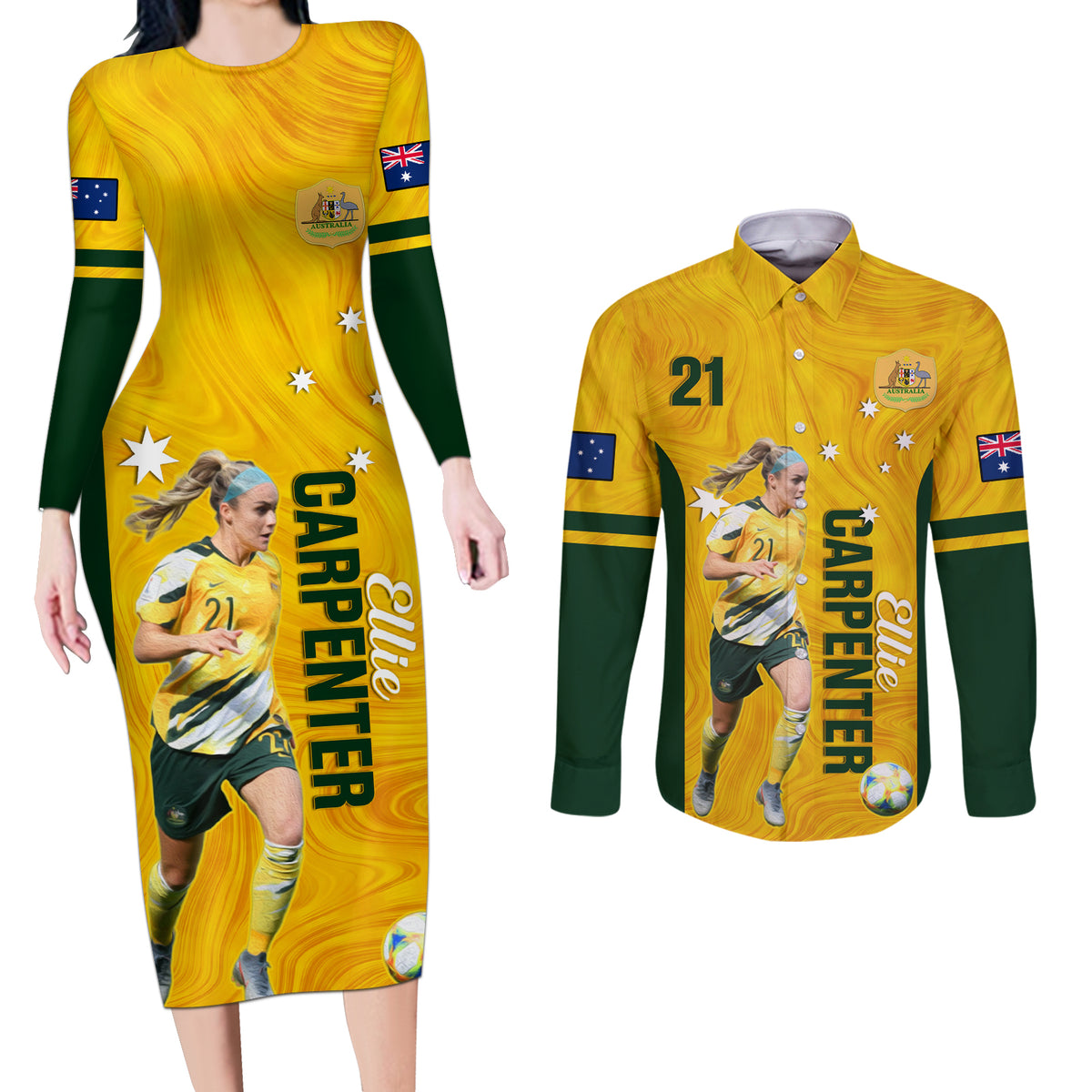australia-soccer-couples-matching-long-sleeve-bodycon-dress-and-long-sleeve-button-shirt-ellie-carpenter-matildas-gold-version