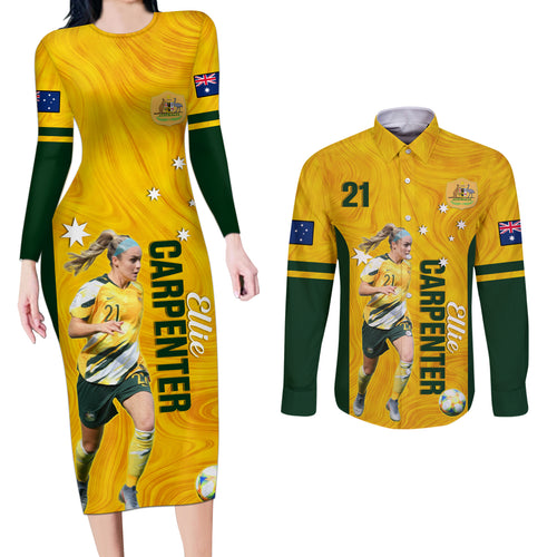 australia-soccer-couples-matching-long-sleeve-bodycon-dress-and-long-sleeve-button-shirt-ellie-carpenter-matildas-gold-version