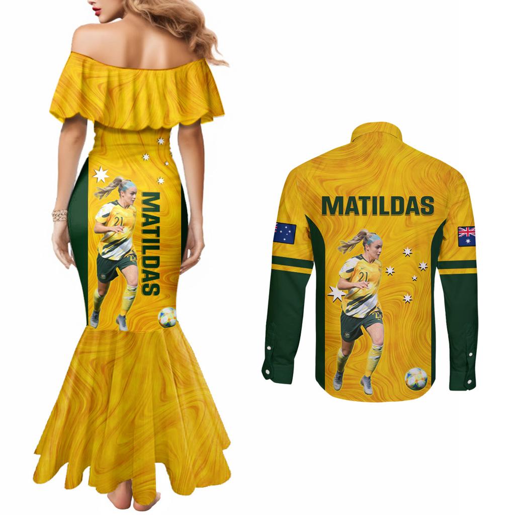 australia-soccer-couples-matching-mermaid-dress-and-long-sleeve-button-shirt-ellie-carpenter-matildas-gold-version