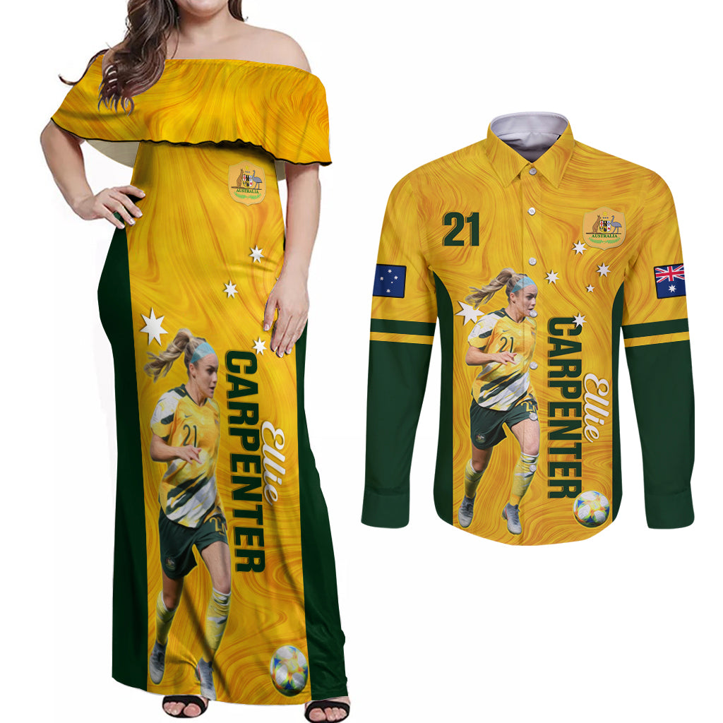 australia-soccer-couples-matching-off-shoulder-maxi-dress-and-long-sleeve-button-shirt-ellie-carpenter-matildas-gold-version