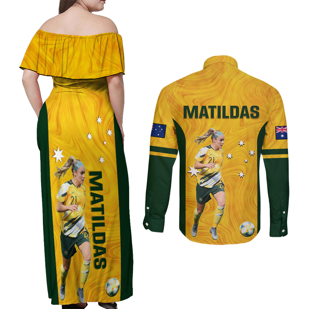 australia-soccer-couples-matching-off-shoulder-maxi-dress-and-long-sleeve-button-shirt-ellie-carpenter-matildas-gold-version