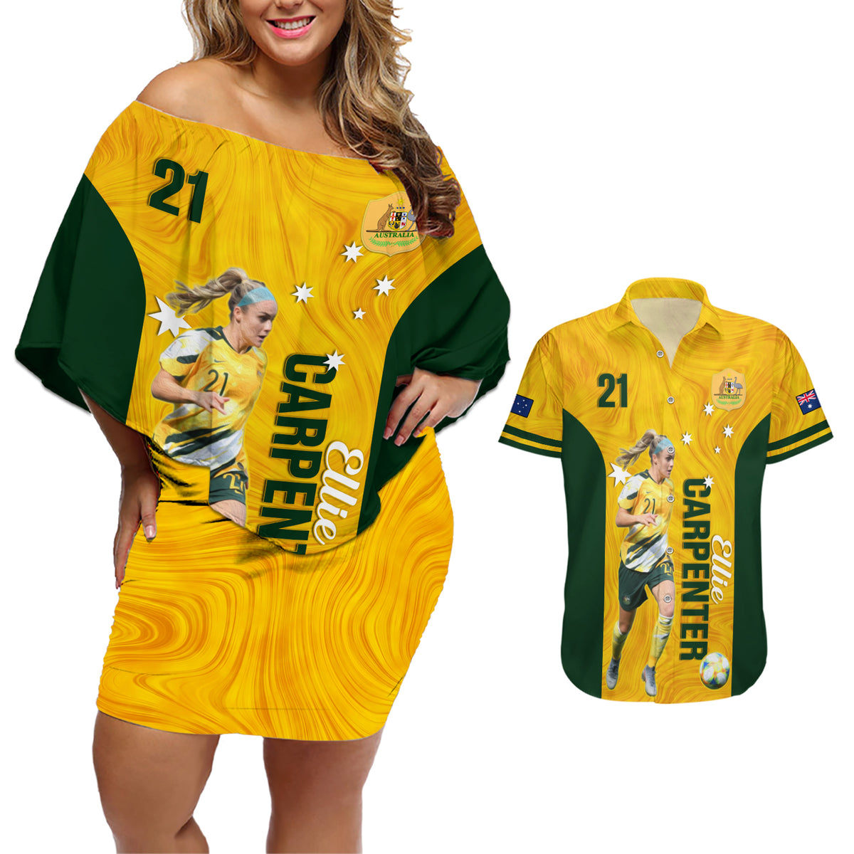 australia-soccer-couples-matching-off-shoulder-short-dress-and-hawaiian-shirt-ellie-carpenter-matildas-gold-version