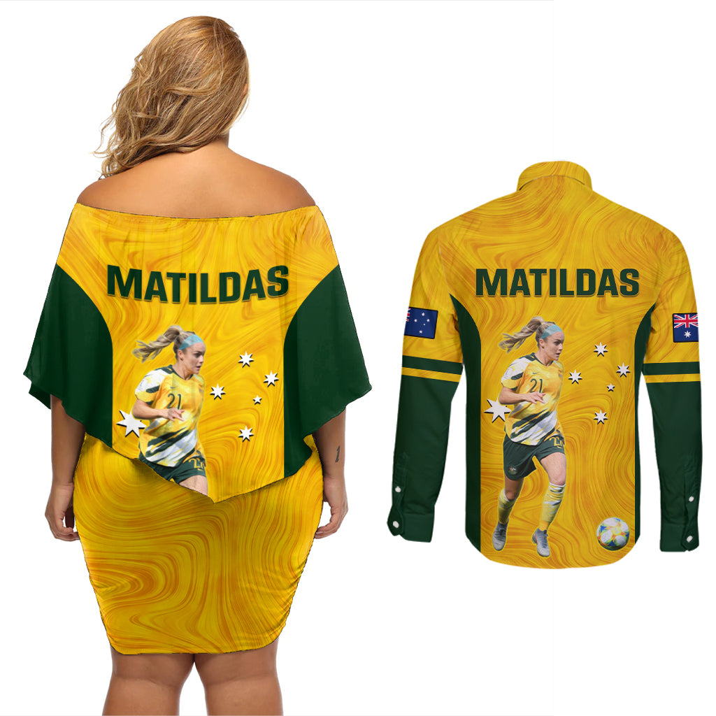 australia-soccer-couples-matching-off-shoulder-short-dress-and-long-sleeve-button-shirt-ellie-carpenter-matildas-gold-version