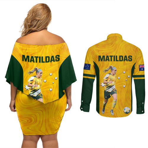 australia-soccer-couples-matching-off-shoulder-short-dress-and-long-sleeve-button-shirt-ellie-carpenter-matildas-gold-version
