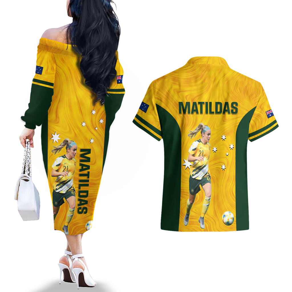 australia-soccer-couples-matching-off-the-shoulder-long-sleeve-dress-and-hawaiian-shirt-ellie-carpenter-matildas-gold-version