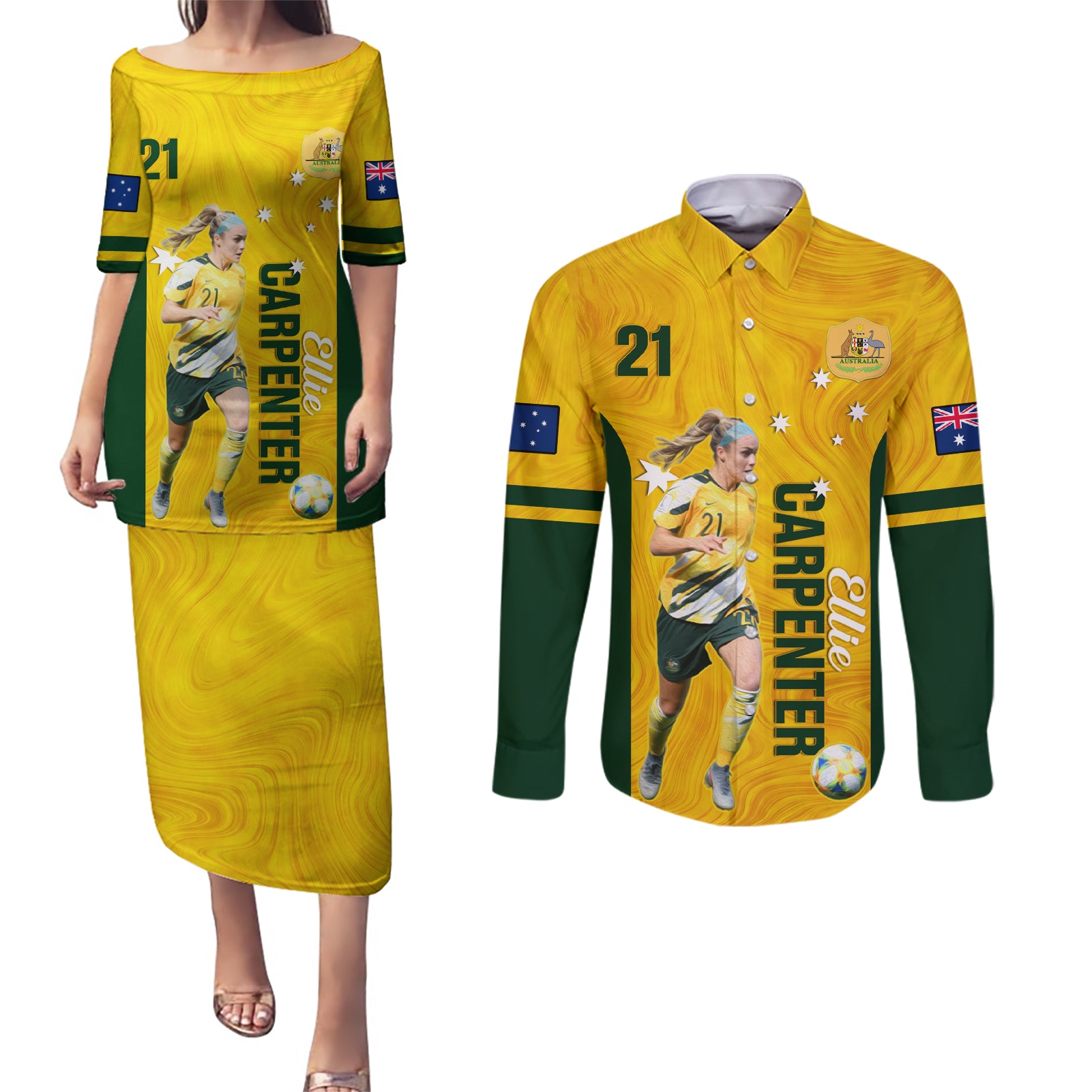australia-soccer-couples-matching-puletasi-and-long-sleeve-button-shirt-ellie-carpenter-matildas-gold-version
