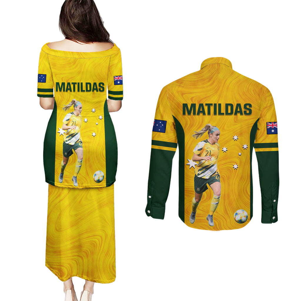 australia-soccer-couples-matching-puletasi-and-long-sleeve-button-shirt-ellie-carpenter-matildas-gold-version